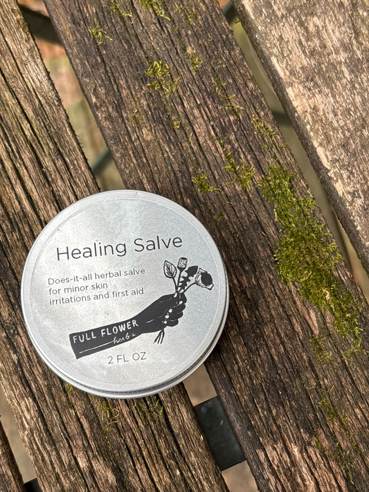 Full Flower Herbs Healing Salve, a two ounce tin of our does-it-all herbal salve for healing wounds, burns, rashes, skin irritation, sores, and more